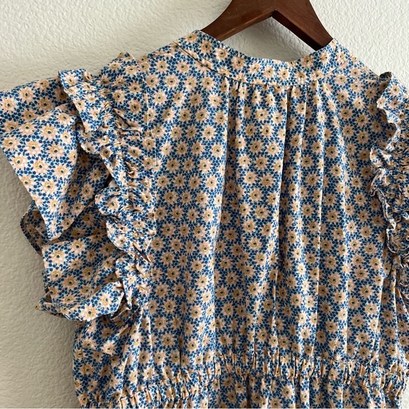 By Anthropologie Ruffle Short Sleeve Mini Dress Blue Floral Tie Waist Size Large - Picture 9 of 11